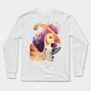 Cute Parasaurolophus Dinosaur Painting with Flowers and Leaves Long Sleeve T-Shirt